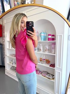 •Lexi is wearing a size small Pink Crew Neck Top For Day Out, Pink Stretch Top For Day Out, Pink Stretch Tops For Day Out, Stretch Pink Tops For Day Out, Pink Cotton Tops For Day Out, Drink Koozie, Frill Top, Rush Dresses, School Wear