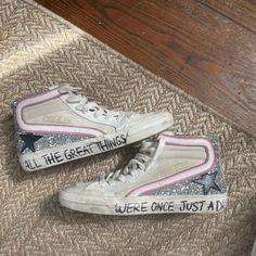 Worn Like 2 Times Perfect Condition. I Customized Them For Then To Have The Pink And The Writing On The Bottom, So They Are One Of A Kind Custom Golden Goose, Goose Shoes, Shoes Custom, Golden Goose Shoes, Golden Goose, The Pink, Womens Shoes Sneakers, Color White, Women Shoes