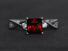 Mystic Topaz Engagement Ring, Square Cut Engagement Rings, Red Gems, Red Gemstone Ring, January Birthstone Rings