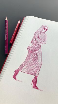 a pencil drawing of a woman walking down the street