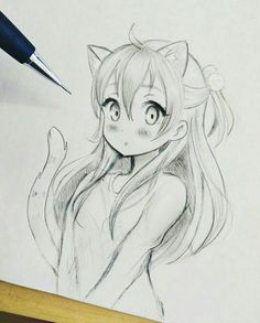 a drawing of a girl with long hair and cat ears on her head, holding a pen