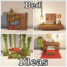 four different images of a bed made out of pallet wood and plants, with text overlay that says bed ideas