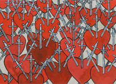 a painting with many hearts and swords on it