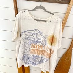 Vintage Relaxed Fit. Bohemian Vibin Surf T. Hand Distressed Details. Vintage Cotton T-shirt For Beach, Vintage White T-shirt For Surfing, Beachy Cotton Surfing T-shirt, Retro Cotton T-shirt For Surfing, Graphic Tee Soft-washed T-shirt For Surfing, Surf Tshirt, Magnolia Pearl, Pearl Cream, Magnolia