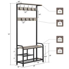 an image of a coat rack and bench with hooks on the back wall, measurements