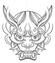 the head of a demon with horns and fangs on it's face is outlined in black