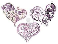 three hearts with swirls and butterflies