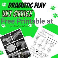 an image of a vet office printable at the front of a green background with black and white images