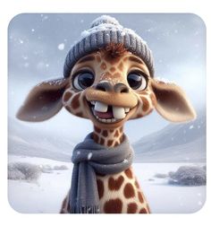 a cartoon giraffe wearing a winter hat and scarf with snow falling on it