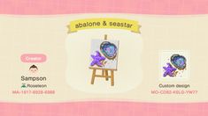 an animal crossing game screen showing the art and crafting items in each piece, including a purple butterfly