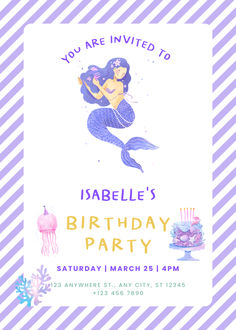 Under-the-sea birthday invitation in purple tones, showing a mermaid and sea creatures, customizable in Canva for a personalized touch. Seashell Cake, Mermaid Birthday Party Invitations, Under The Sea Theme, Creative Games, Sea Theme