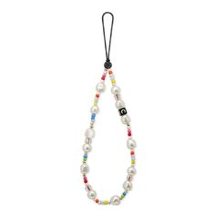 a white necklace with multicolored beads and a black beaded cord on a white background