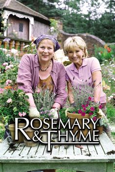 two women are sitting on a bench with potted plants in front of them and the words rosemary & thye