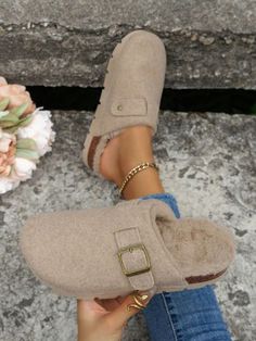 Beige Collar Embellished Women Shoes Beige Plain, Casual Slippers, Fall Shoes, Mom Outfits, Ciabatta, Winter Shoes, Womens Clothing Sizes, Clothing Size Chart, Moda Casual