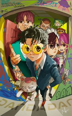 an anime poster with many people and cats in front of the door, all wearing glasses