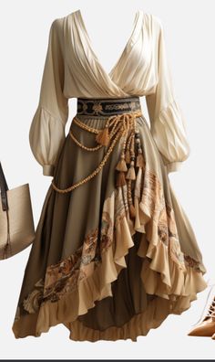 Medieval Desert Clothing, Modern Boho Clothing Style, Fantasy Desert Outfit, Medevil Outfits Women, Fern Costume, Nymph Outfits, Fantasy Desert Clothing, Ten Faire Outfit, Desert Aesthetic Outfit