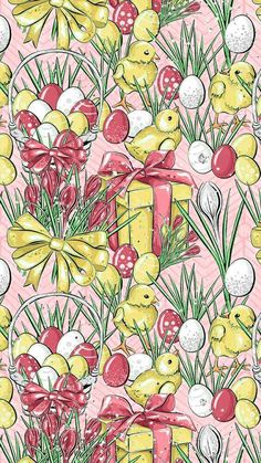 a pink background with yellow and purple easter eggs, grass, and bows on it