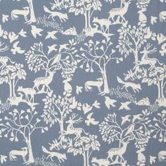 a blue and white wallpaper with trees and animals