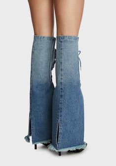 give 'em the hot goss. These knee-high leg warmers have a denim construction, adjustable front lace-up ties, a flared silhouette, and a raw edge hem. Jeans Leg Warmers, Jean Leg Warmers, Denim Leg Warmers, Knee-high Leg Warmers For Streetwear, Blue Knee-high Leg Warmers For Winter, Blue Leg Warmers, Warm Boots, Fishnet Stockings, Thigh High Stockings