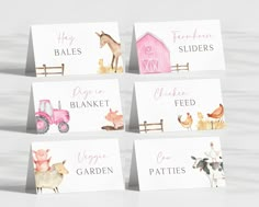 four cards with farm animals on them