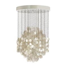 a white chandelier with beads hanging from it's centerpiece, on a white background