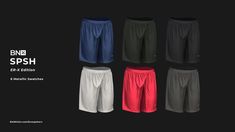 six men's shorts with different colors and sizes