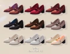 nine pairs of women's shoes with bows and buckles on the sides, all in different colors