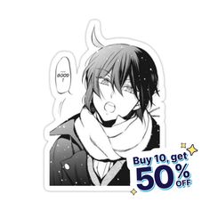 an anime sticker with the image of a guy in black and white, wearing a scarf