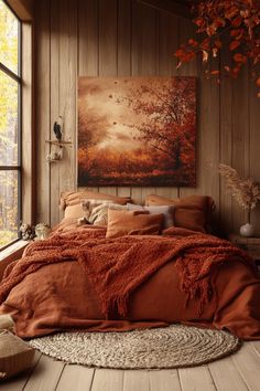 a bedroom with wood paneling and a large painting on the wall above the bed