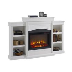 a white fireplace with an electric fire in the center and shelves on either side that are open