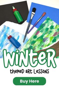 an advertisement for the winter themed art lessons with watercolors and crayons