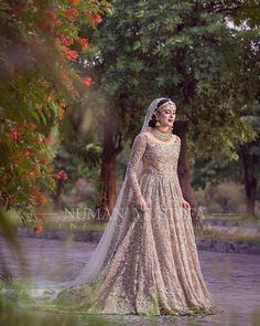 a woman in a wedding dress standing on the ground with trees and bushes behind her