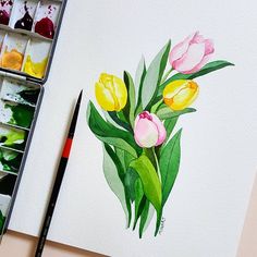 a watercolor painting of tulips and other flowers on a white paper with paintbrushes next to it