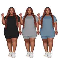 Plus Size Casual Solid Short Sleeve T-shirt Shorts Set Casual Gray Short Sleeve Sets, Gray Short Sleeve Casual Sets, Gray Casual Short Sleeve Sets, Gray Short Sleeve Summer Set, Summer Gray Short Sleeve Sets, Casual Stretch Short Set With Short Sleeves, Casual Short Sleeve Stretch Short Set, Summer Crew Neck Athleisure Sets, Summer Athleisure Sets With Crew Neck