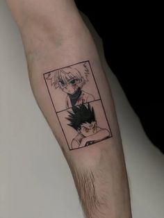 a person with a tattoo on their arm that has an image of two anime characters