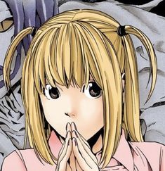 an anime character with long blonde hair and big eyes standing in front of a demon