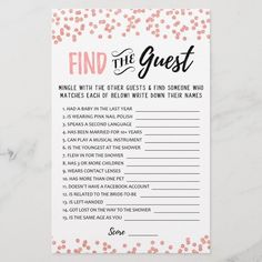 a pink and black wedding game with the words find the guest written in white ink