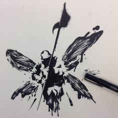 a black and white drawing of a flower with paint splattered on it's petals