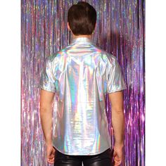 Introducing metallic color short-sleeve holographic button-down shirts! The unique design of these metallic shirts provides a stylish and eye-catching look, making you stand out in any crowd. These short-sleeved metallic shirts can be worn alone for a sleek and modern statement, or paired with leather shorts and shoes for an effortlessly chic ensemble. These holographic shirts are perfect for streetwear, parties, clubs, discos, stage performances, and more. Elevate your style with these versatil Disco Style Short Sleeve Summer Shirt, Summer Disco Style Short Sleeve Shirt, Fitted Short Sleeve Shirt For Party Season, Casual Short Sleeve Party Shirt, Casual Short Sleeve Shirt For Party, Halloween Short Sleeve Shirt, Short Sleeve Tops For Summer Costume Party, Fitted Short Sleeve Tops For Costume Party, Holographic Shirt