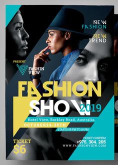 the fashion show flyer is displayed on a gray background