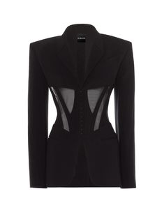 Material: Cotton, Polyester, Mesh Sheer cut-out detailing Corset-style bodice Notched collar Front hook and eye fastening Long sleeves with buttoned cuffs Straight hem Slim fit Sample size: S Delicate dry clean Protect accessories before washing Our Style No. ZC_STARDI Shoulder Stretch, John Galliano, Corset Style, Black Blazer, Black Jacket, Blazers For Women, Brunei, Full Sleeve, Clothing Patterns