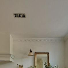 a kitchen with white cabinets and counter tops, potted plants on the stovetop