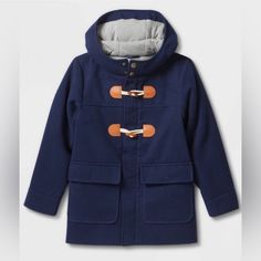 Cat & Jack Kid's Jacket. Long-Sleeved Two Flap Front Pockets Hooded With Two Top Buttons Front Zipper And Two Toggle Closure Faux Leather Tabs Jersey Lined Imported Color: Navy Unisex For Boys And Girls Fall School Outerwear With Pockets, Casual Pea Coat With Pockets For Outdoors, Casual Outdoor Pea Coat With Pockets, Navy Outerwear With Buttons For Winter, Blue Hooded Outerwear For Fall, Winter School Cotton Outerwear, Winter Cotton Outerwear For School, Casual Hooded Pea Coat For Outdoor, Navy Cotton Outerwear For Winter