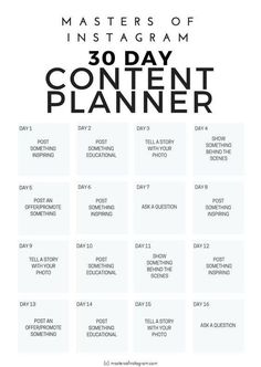 the 30 day content planner for instagrams is shown in black and white text