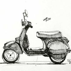 a drawing of a scooter is shown in black and white, with the word love written on it