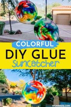 colorful diy glue sun catcher hanging from a tree