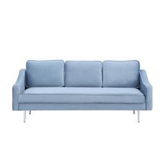 a blue couch sitting on top of a white floor