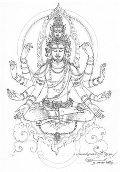 a drawing of a buddha sitting in the middle of a body with two hands up