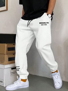 White Casual Collar  Fabric Slogan Jogger Embellished Slight Stretch Spring/Summer/Fall Men Bottoms Sweatpants Outfit For Summer, Joggers For Men Outfits, White Joggers Outfit Men, White Sweatpants Outfit Men, Jogger Pants Outfit Hombre, Men’s Sweatpants, Joggers Outfit For Men, Men Joggers Outfit, Jogger Pants Outfit Mens