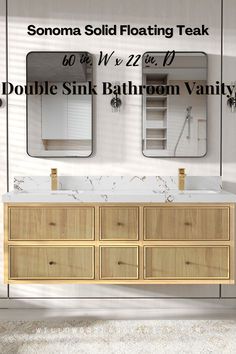 a bathroom vanity with double sinks and two large mirrors on the wall next to it